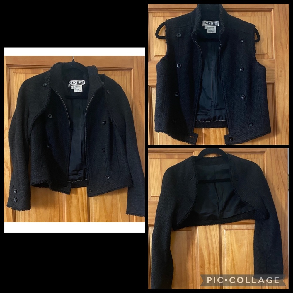 Vintage Carlisle 3-in-1 Black Bouclé Cropped Jacket Vest Set Sz 10 Zipper Issue